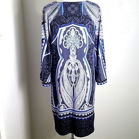 Alfani Blue, Black, Gray, White Printed Design Shift Dress, Size Medium - Picture 6 of 7